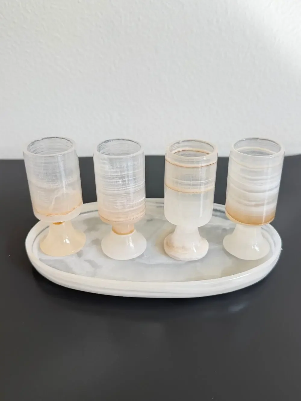 Vintage Onyx Stone Cordial Shot Glass Hand Carved Set 4 Goblets & Oval Tray
